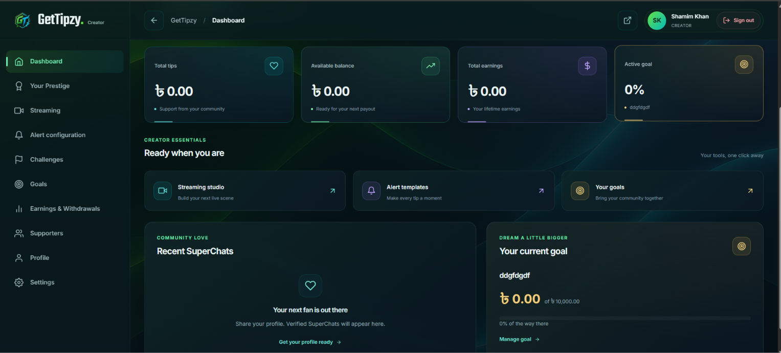 Tipzy creator dashboard with tip totals, available balance, streaming tools, recent SuperChats, and creator goals